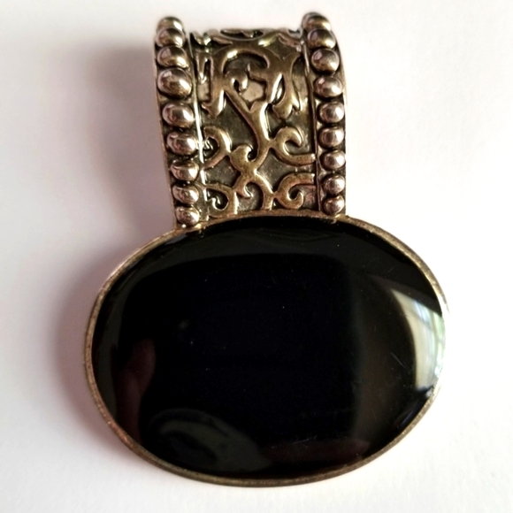 Big pendant with black cabochon large oversized silver tone - Picture 1 of 10